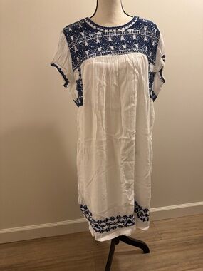 Lucky Brand White Midi Dress with Blue Embroidery